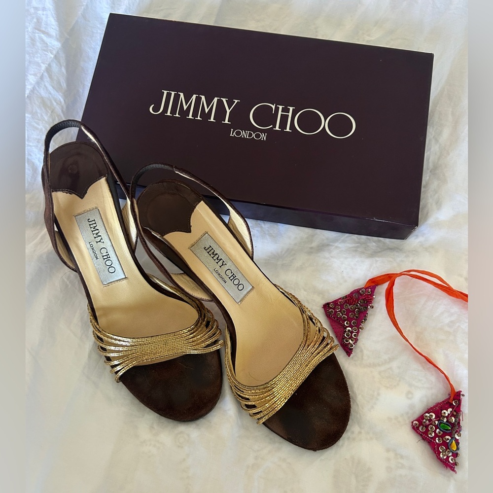 ✨ Jimmy Choo Brown Suede & Gold Metallic Slingback Heels — 36.5 (US 6.5)